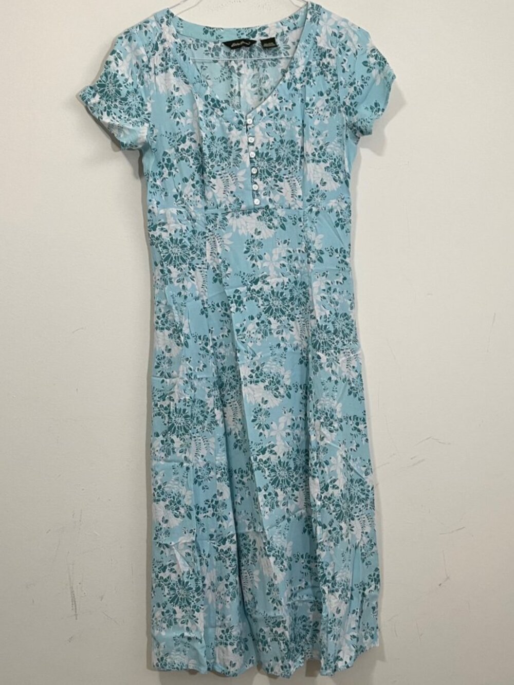 Eddie Bauer Midi Button Front Dress Blue Floral Cottagecore 90s Retro Sz MP Boho